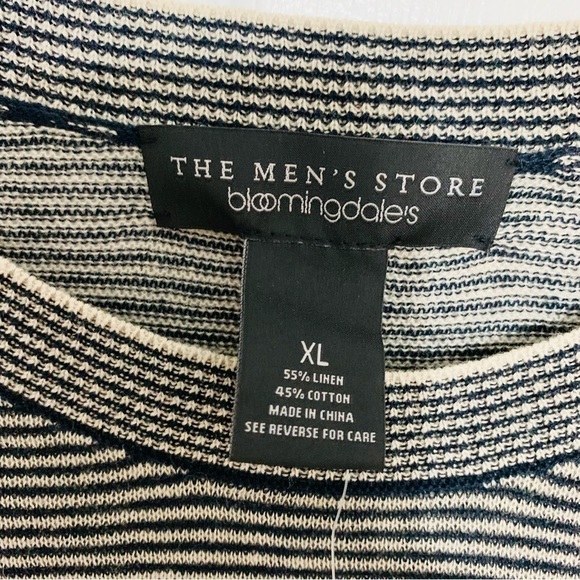 𝅺BLOOMINGDALE'S LINEN Cotton Blend Crewneck Navy Beige Striped Sweater XL NEW - Picture 3 of 5